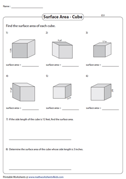 Surface Area of a Cube Worksheets
