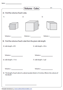 Volume of Cubes Worksheets