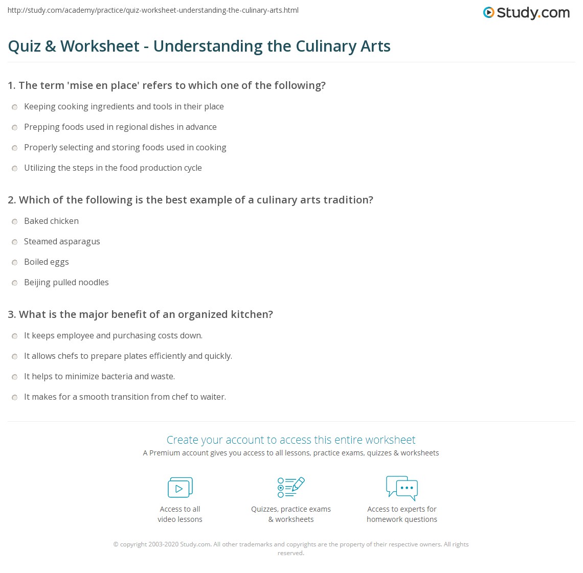 Quiz &  Worksheet - Understanding the Culinary Arts | Study.com