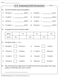 Convert between Cups, Pints, Quarts, and Gallons Worksheets