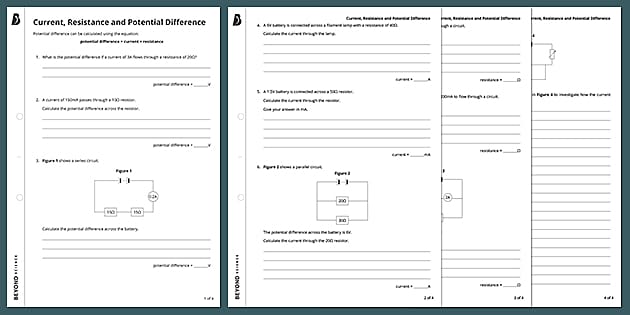 FREE! - Current, Resistance, Potential Difference Worksheet | Beyond