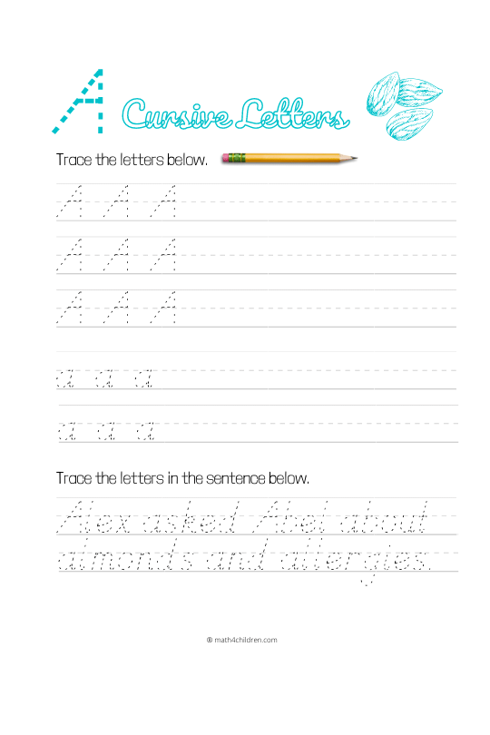Cursive A worksheet - Cursive capital and small letter A