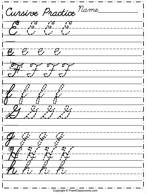 Free Cursive Alphabet Worksheet - Letters E to H - Free Worksheets ...