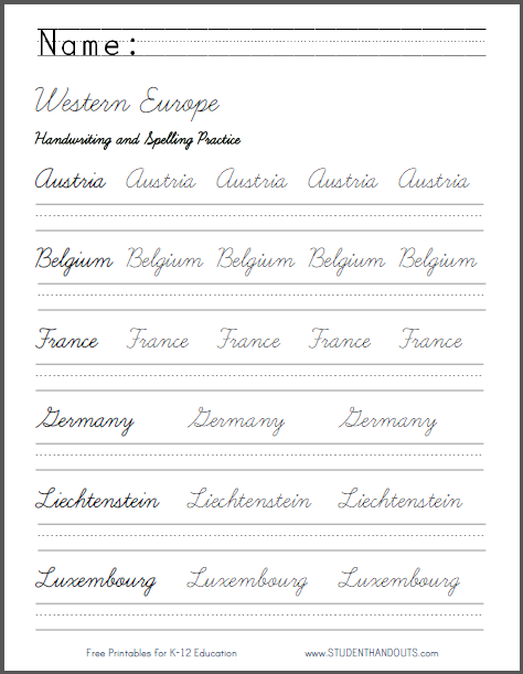 Western Europe Handwriting Practice Worksheets | Student Handouts