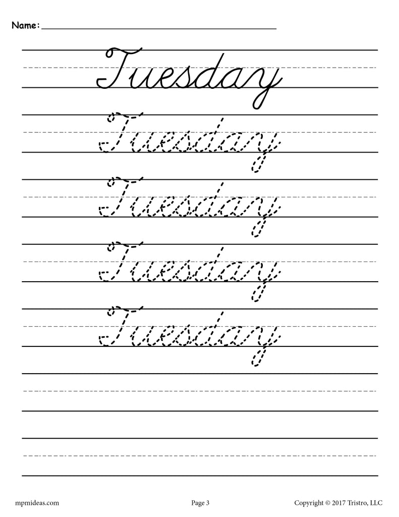 7 Cursive Handwriting Worksheets - Days of the Week!