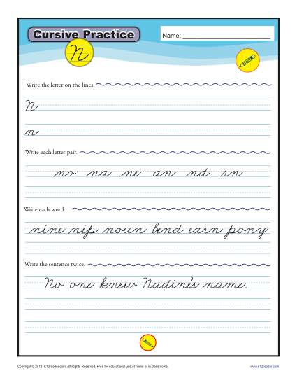 Cursive N - Letter N Worksheets for Handwriting Practice