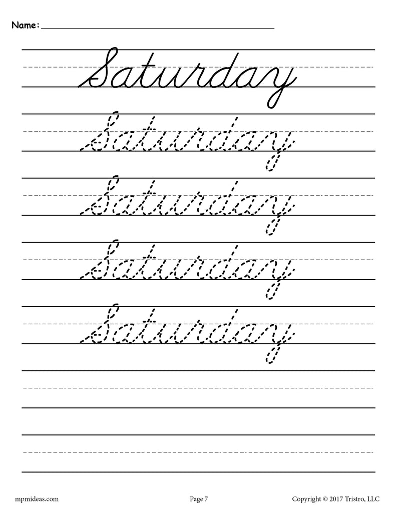 7 Cursive Handwriting Worksheets - Days of the Week!
