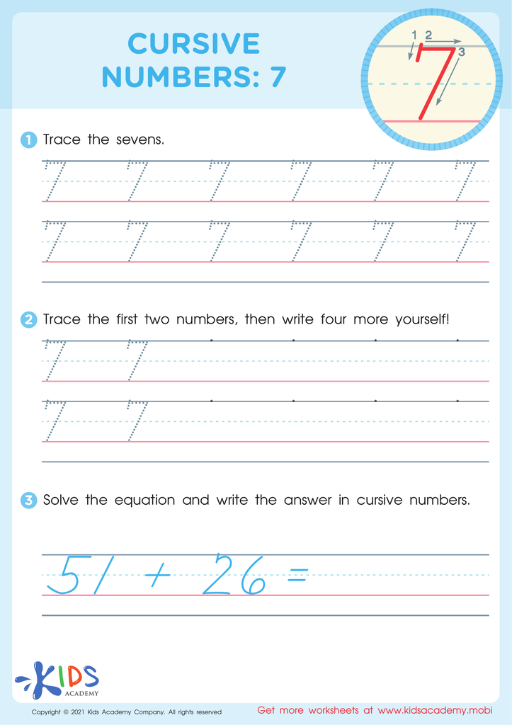 Cursive Numbers: 7 Worksheet for kids