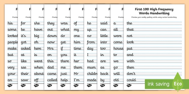 FREE! - First 100 High Frequency Cursive Writing Practice Sheets