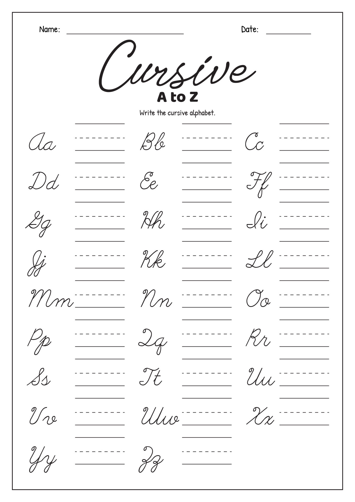 cursive writing worksheet for 3rd graders