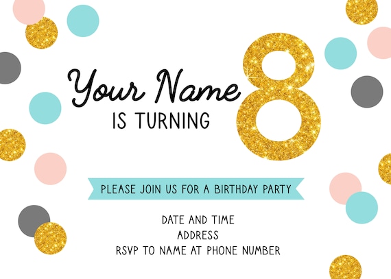 Custom Printable 8th Birthday Invitation, Downloadable 8th Birthday  Invitation, 8th Birthday Invitation Printable Cards