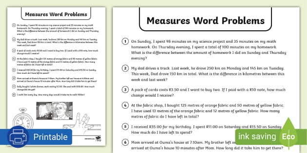 Measurement Word Problems | Worksheet | South Africa