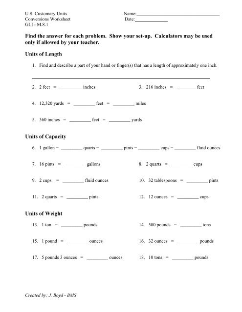 U.S. Customary Units - Conversions Worksheet - WCSnet.org