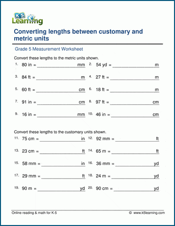 Grade 5 Math Worksheets: Convert units of length (customary/metric ...