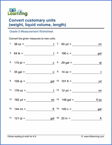 Grade 5 math worksheet: Converting units of measurement (decimals ...