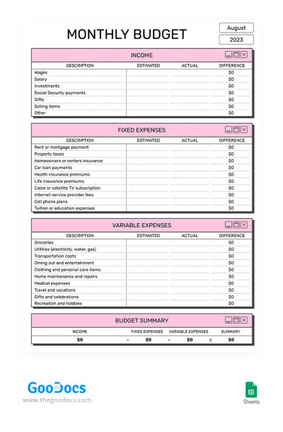 Free Monthly Budget Templates in Google Sheets and Excel ...