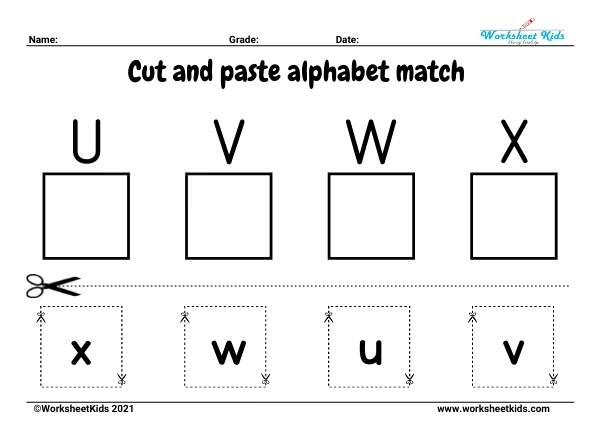 Cut and paste matching alphabet worksheets : letters and pictures