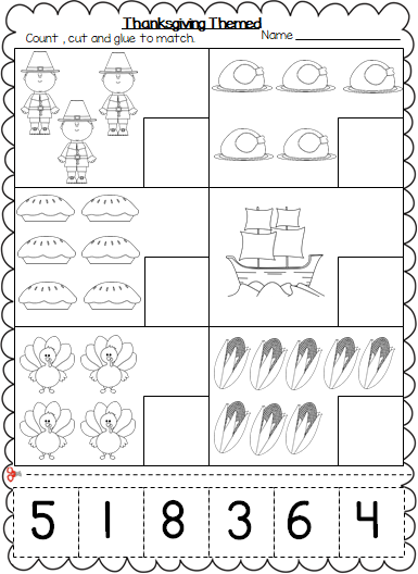 Thanksgiving Themed Numbers Cut and Paste Worksheets (1-20)
