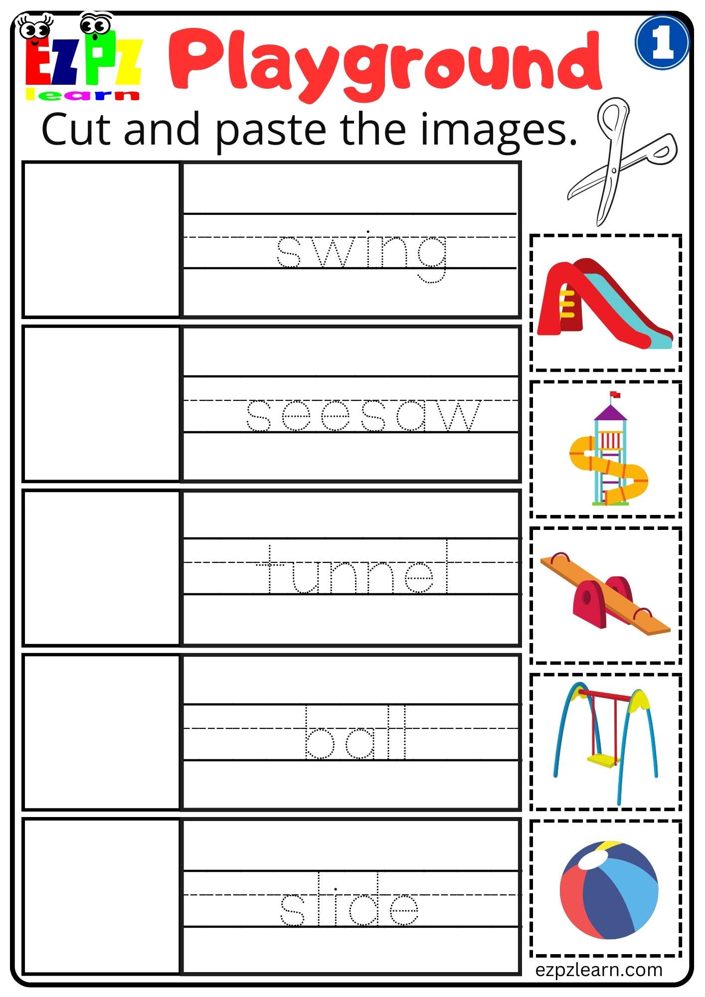 Playground 1 Cut and Paste Worksheet for Kindergarten and ESL ...