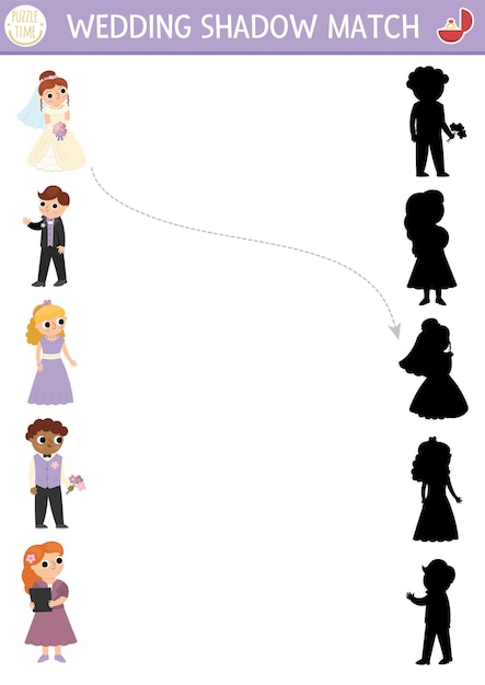 Premium Vector | Wedding shadow matching activity with bride groom ...