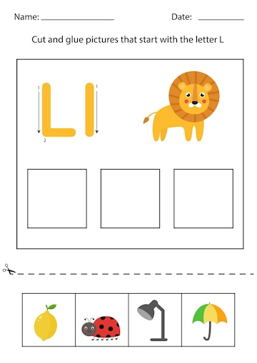 Premium Vector | Letter recognition for kids. Cut and glue. Letter L.