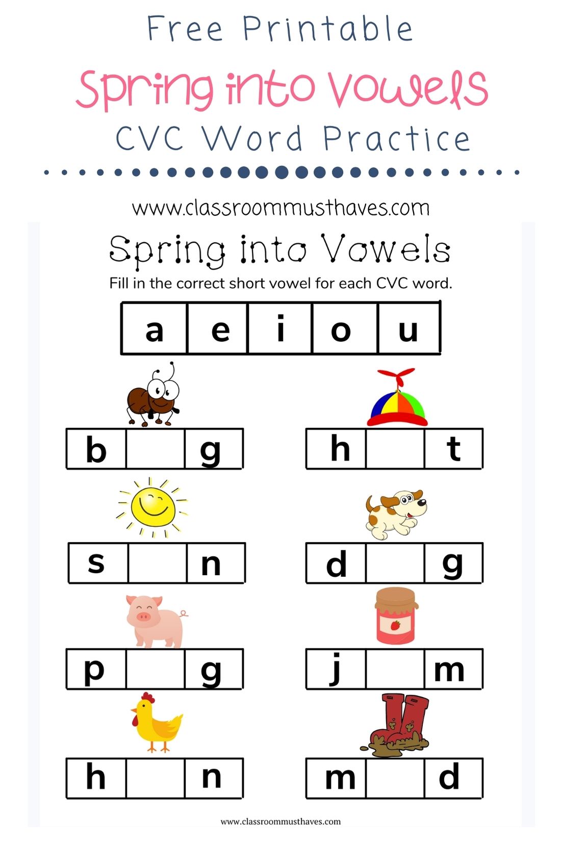 cvc words short vowels worksheet