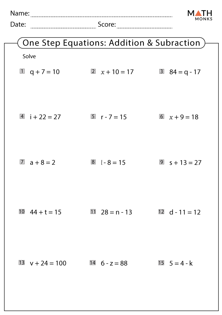One-Step Equations Addition and Subtraction Worksheets - Math Monks