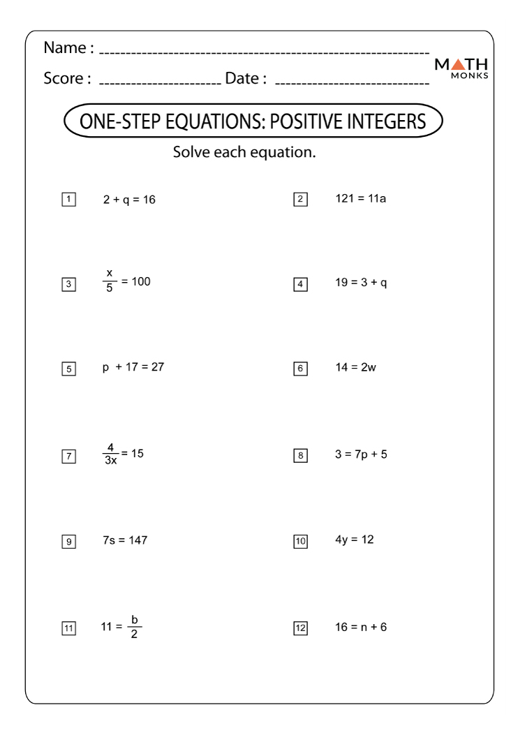 One Step Equations Worksheets - Math Monks