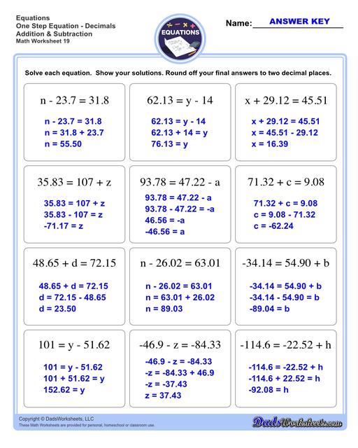dad s worksheet one step equations