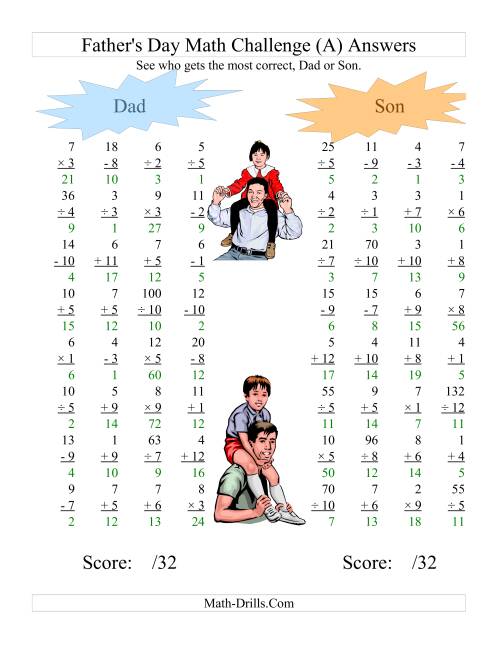 Fathers Day Dad and Son Challenge -- All Operations Range 1 to 12 (A)