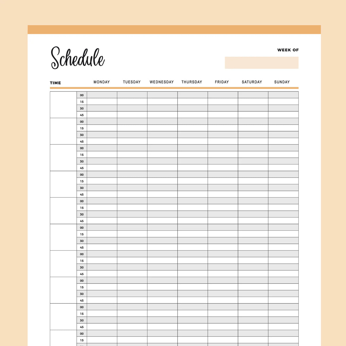 Printable 15 Minute Schedule | Instant Download PDF | A4 and US Letter