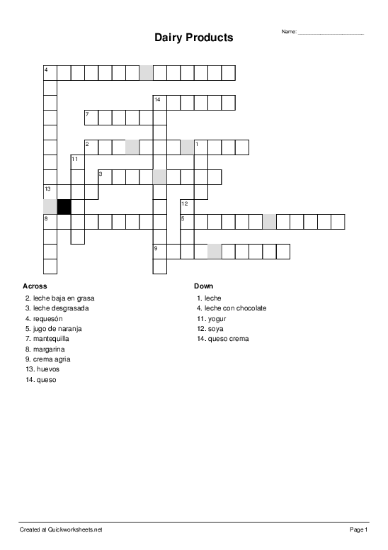 Dairy Products - Crossword - Quickworksheets