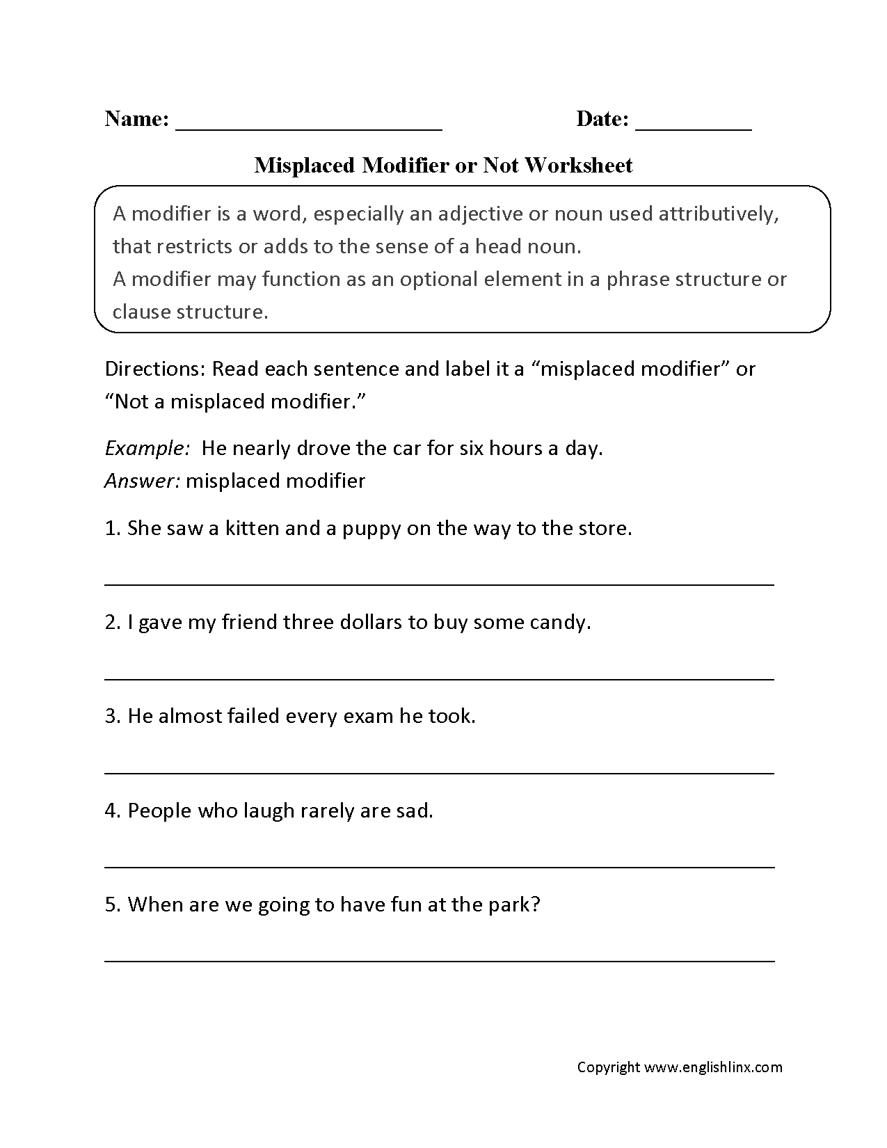 Word Usage Worksheets | Using Modifiers Worksheets