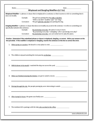 Misplaced and Dangling Modifiers (L.7.1c) Worksheet