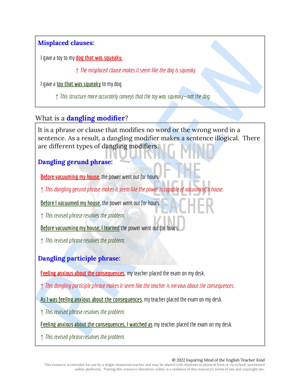 Dangling participle | Writing workshop mini lessons, Living skills ...