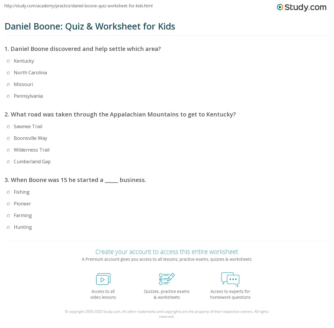 Daniel Boone: Quiz &  Worksheet for Kids | Study.com