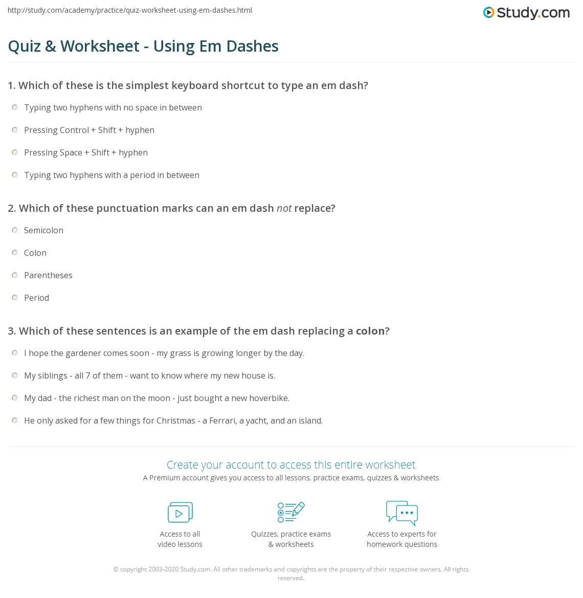 Quiz &  Worksheet - Using Em Dashes | Study.com