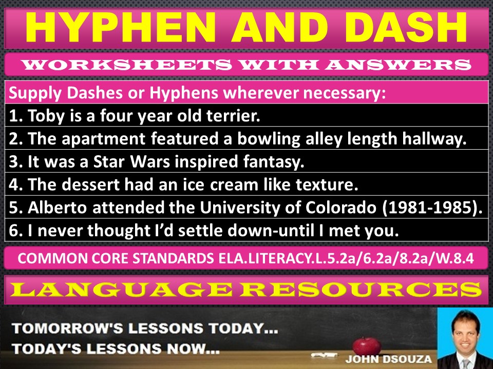 HYPHENS AND DASHES - PUNCTUATION: WORKSHEETS WITH ANSWERS ...