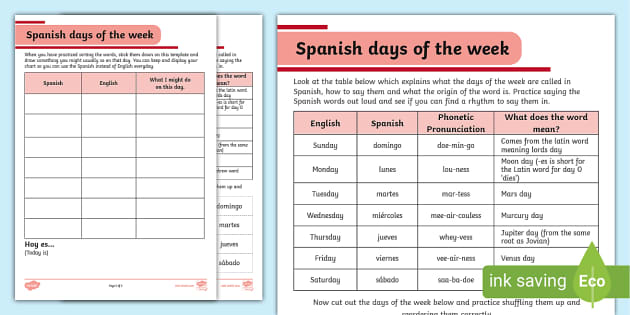 days of the week in spanish worksheet