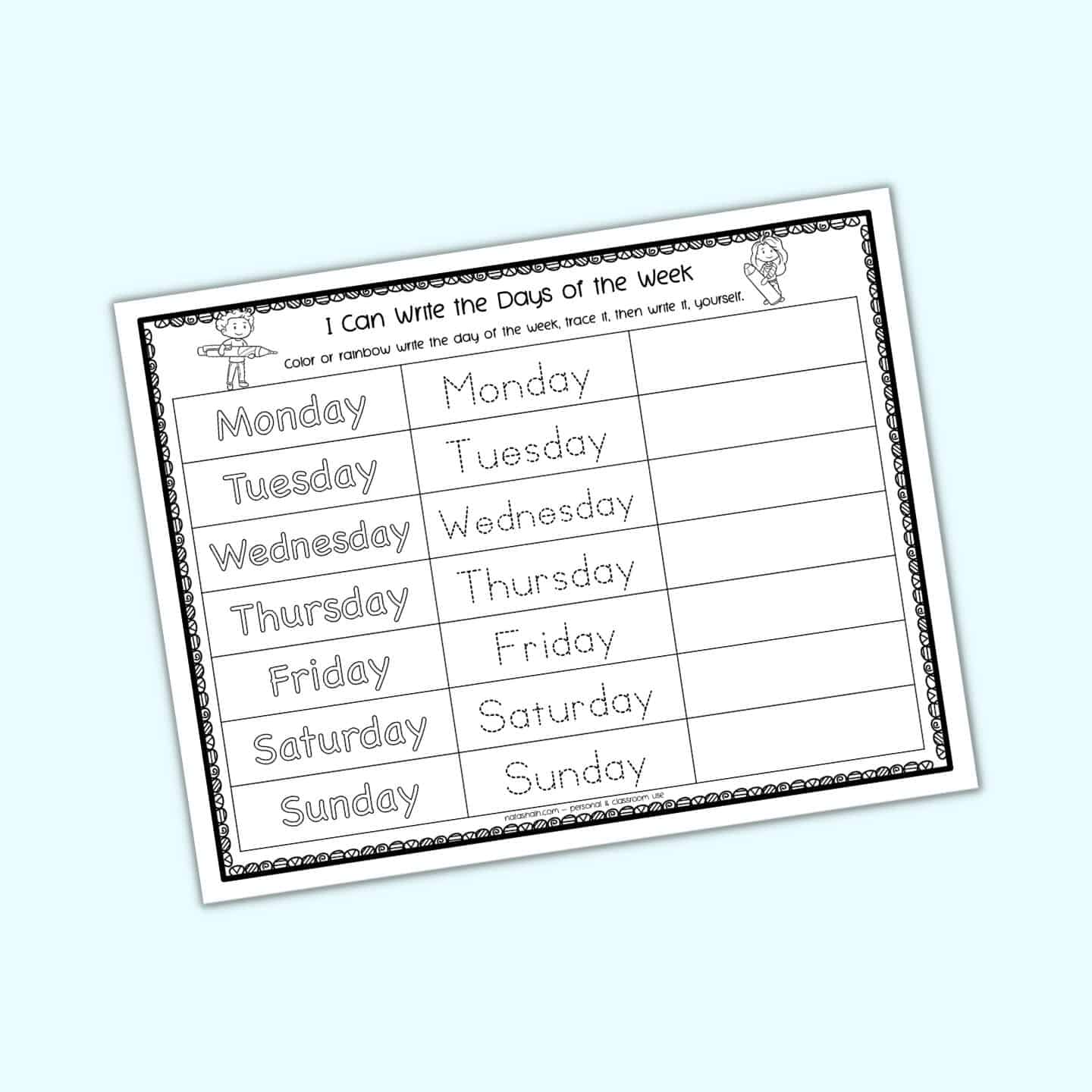 days of the week tracing worksheet