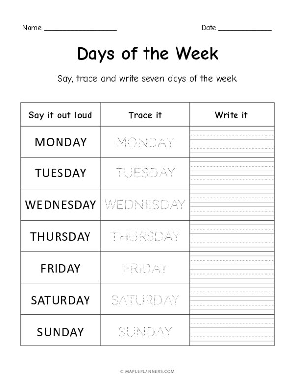 days of the week tracing worksheet