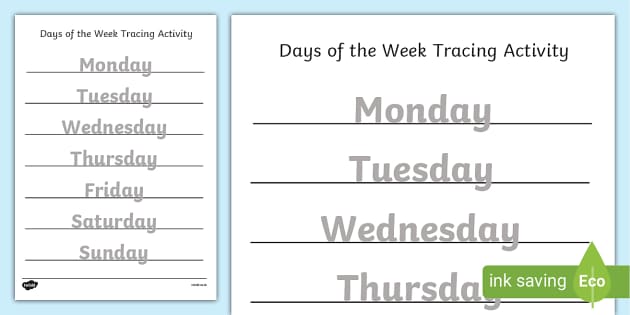 days of the week tracing worksheet