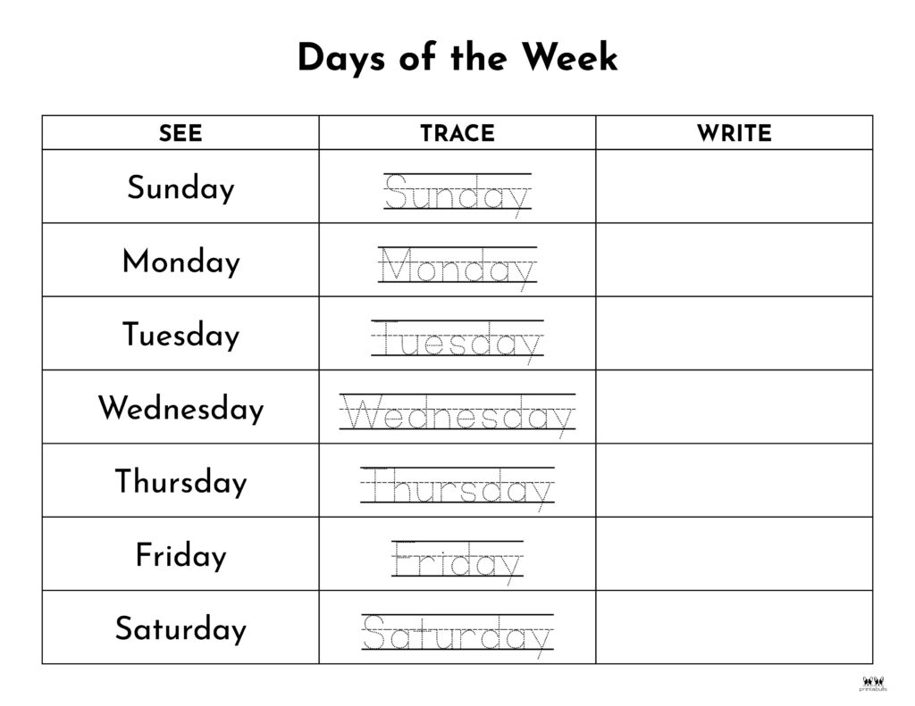 days of the week worksheet for first grade