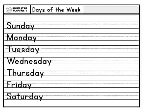 days of the week worksheet for first grade