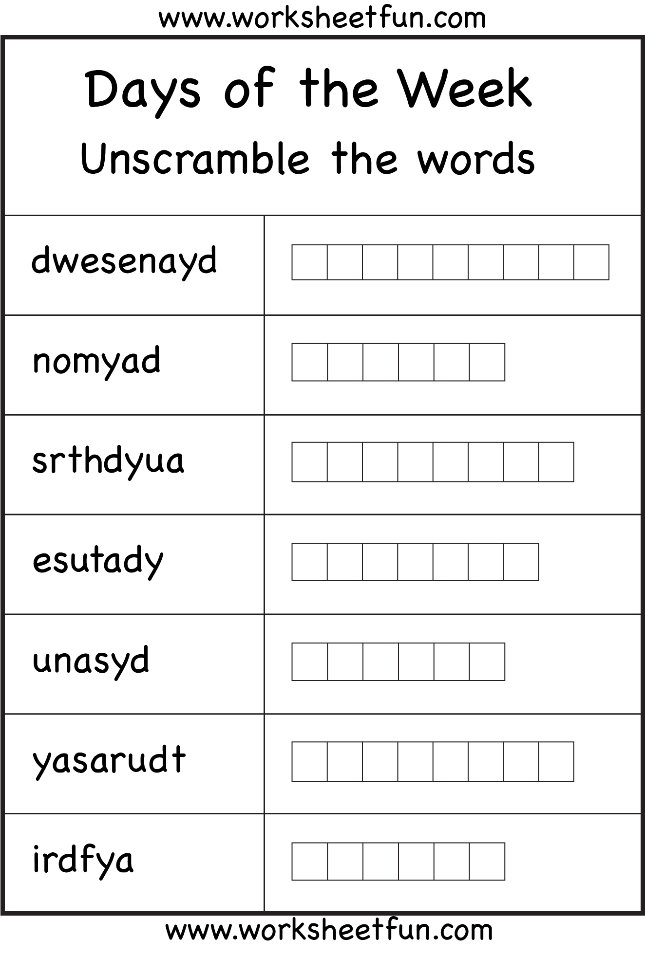 days of the week worksheet for first grade