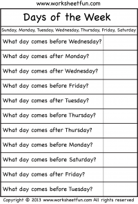 days of the week worksheet for first grade
