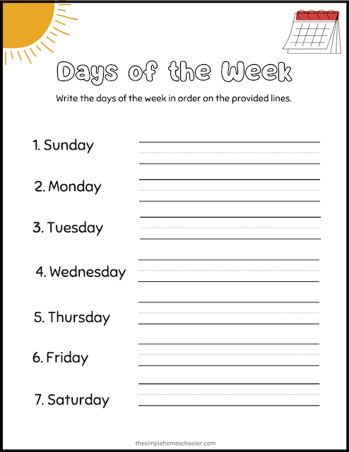 days of the week worksheet free