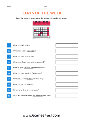 days of the week worksheet free
