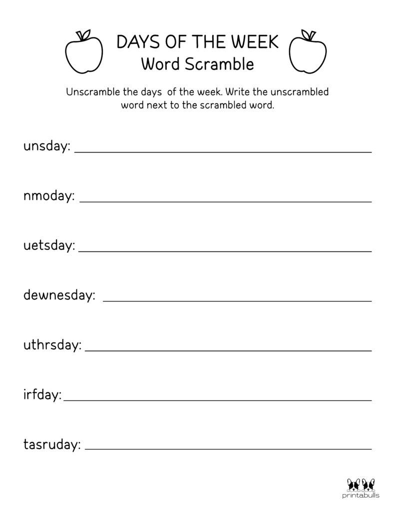 days of week worksheet