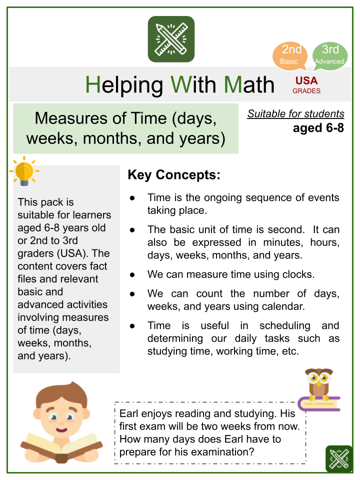Measures of Time Eduation Themed Math Worksheets | Aged 6-8